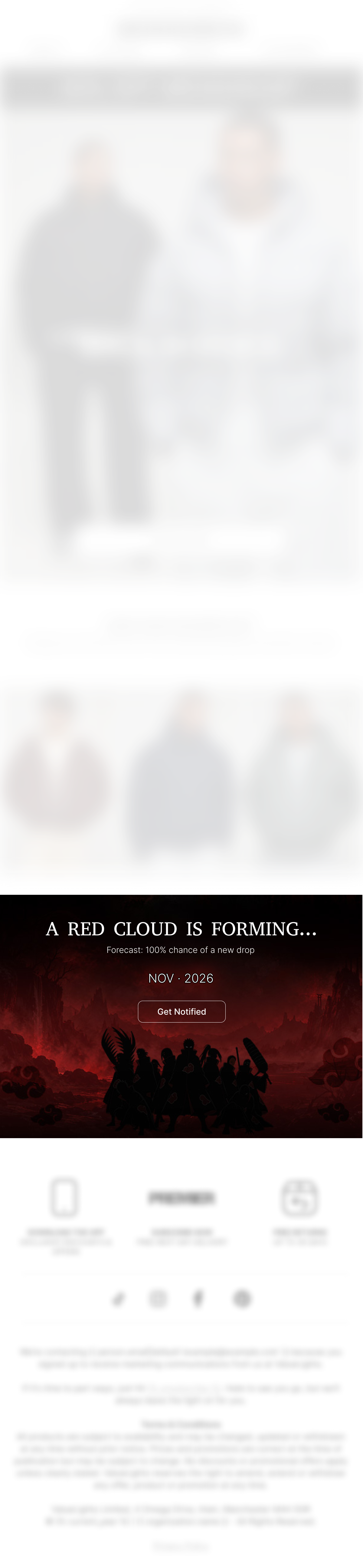 Teaser footer banner shown within a full marketing email, introducing the Akatsuki × menswear drop