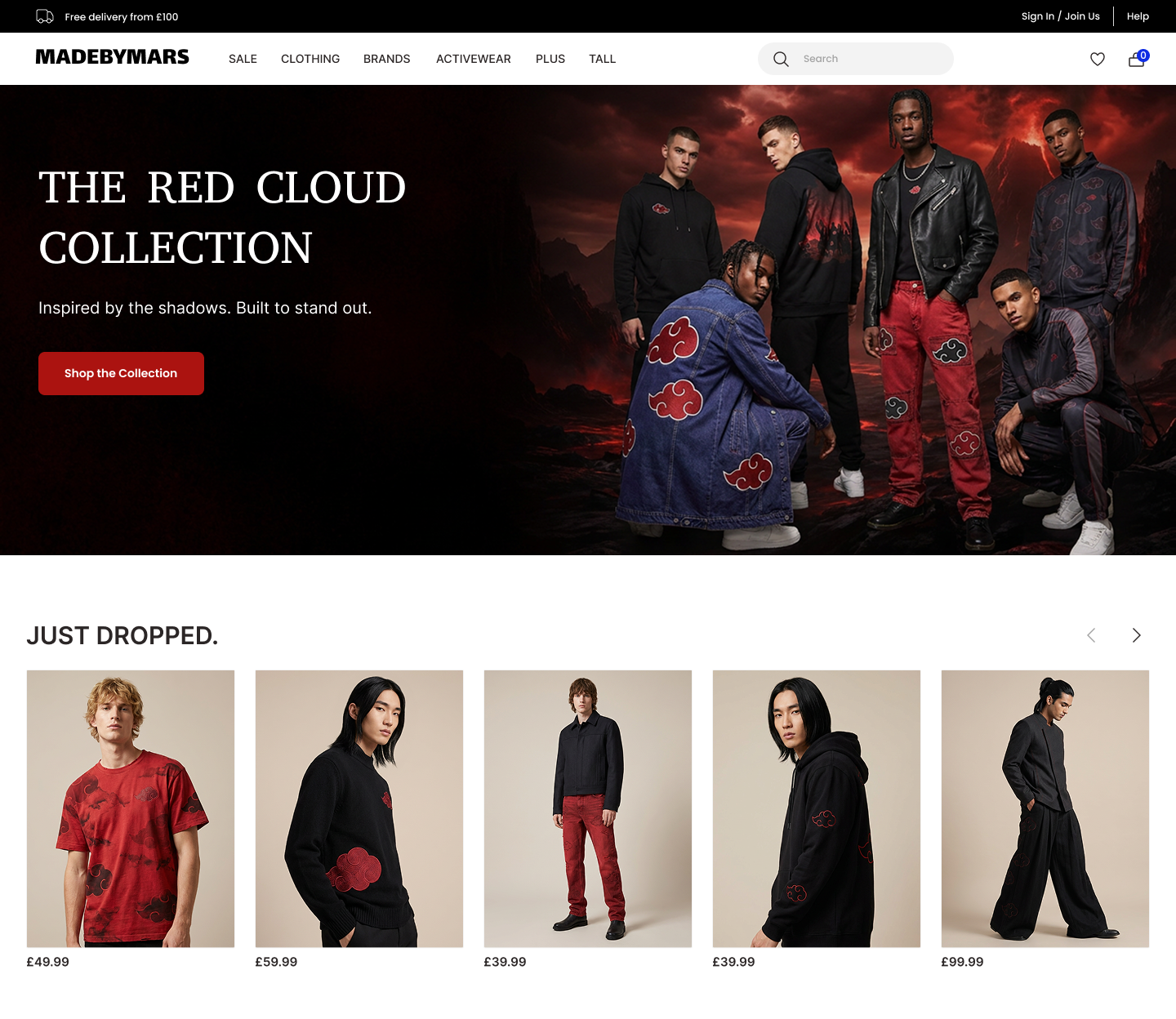 Akatsuki × menswear campaign hero — dark, fashion-forward menswear styling
