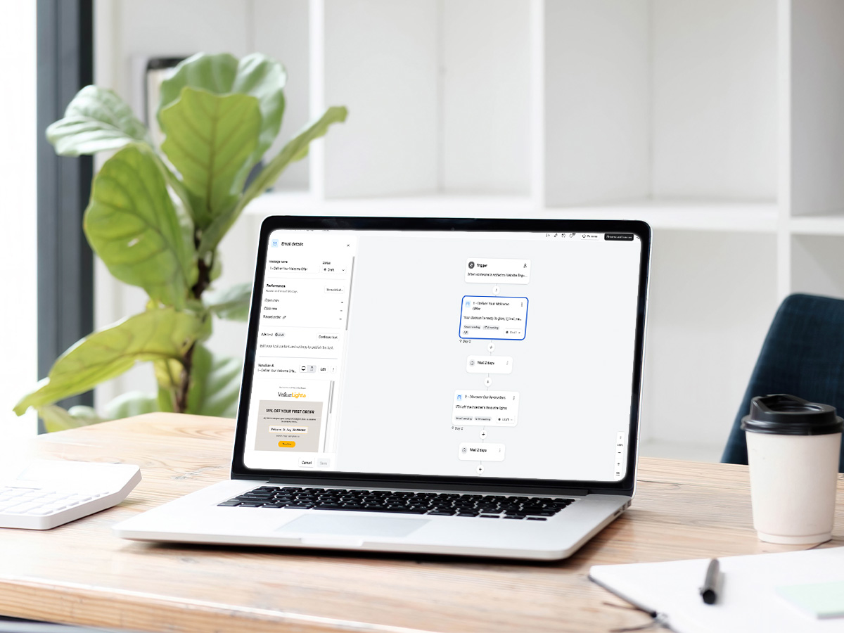 Klaviyo lifecycle flow diagram with four email nodes and previews