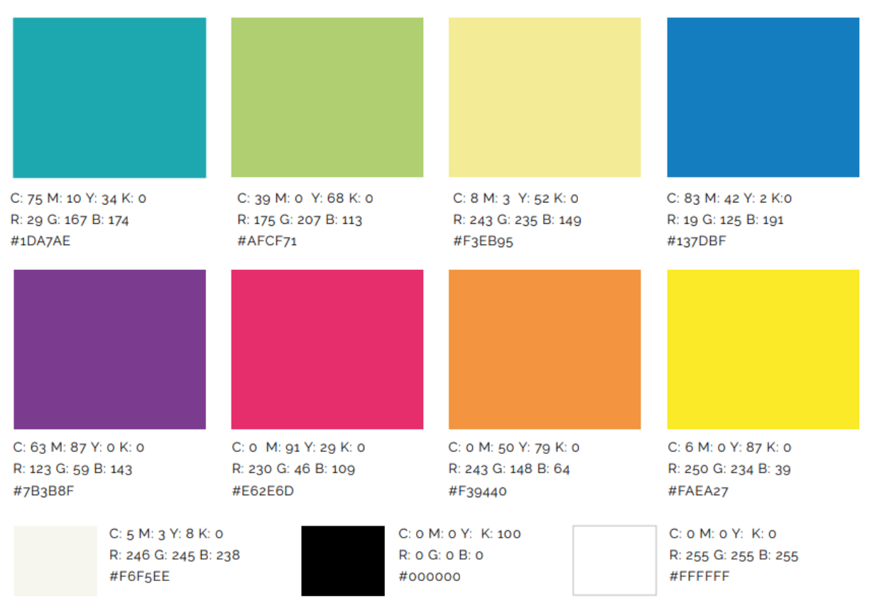 The ValueLights brand colour palette with CMYK, RGB and hex values for each colour